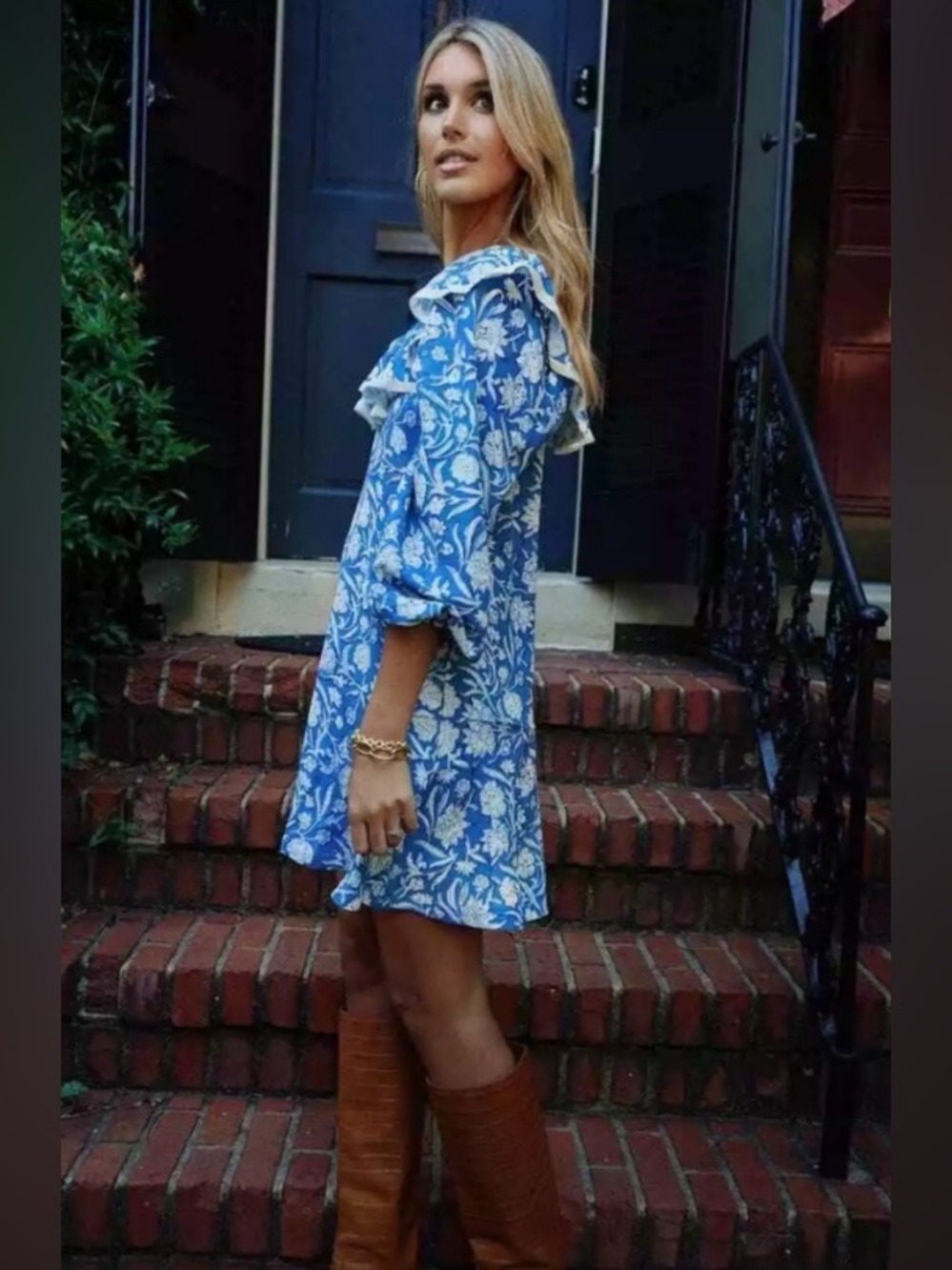 Smith & Quinn NWT Lace Trim Ruffle Neck Long Sleeve Blue Floral Dress Large - Picture 5 of 7